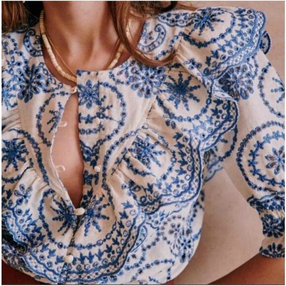 Sezane South Blouse Embroidered Floral Eyelet 
Blouse Summer French Blouse US 6 - Picture 11 of 14